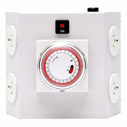 Front view of the Hortitek LMU 4, a compact 4-outlet light management unit with a built-in mechanical timer and 16A circuit breaker, ideal for automating grow lights in smaller New Zealand setups