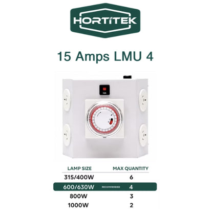 Front view of the Hortitek 15 Amps LMU 4, a 4-outlet light management unit with a built-in timer, displaying a table of recommended maximum quantities for 315W, 400W, 600W, 630W, 800W, and 1000W grow lamps, ideal for New Zealand hobby growers