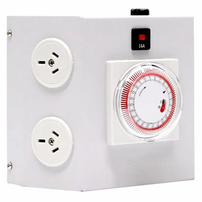 Angled view of the Hortitek 15 Amp LMU 4, a simple and effective horticultural timer with 4 Australian/New Zealand standard electrical outlets and a 16A safety switch, perfect for automating small grow lights