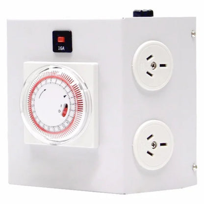 Side view of the Hortitek 15 Amp LMU 4, a robust 4-outlet power relay unit featuring a heavy-duty timer and main circuit breaker, designed for reliable grow light control in New Zealand
