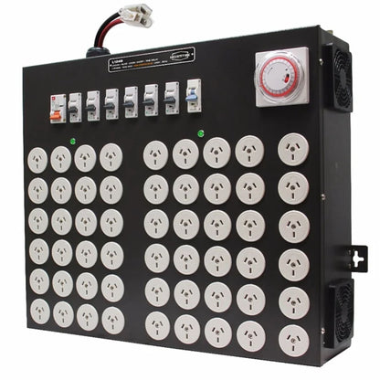 Side angle view of the Hortitek LMU 48 + 6 LIVE, 100A, 1-Phase light management unit, showing its robust circuit breakers, integrated mechanical timer, configuration selector switch, dual cooling fans, and 48 Australian/New Zealand standard electrical outlets for heavy-duty commercial grow room automation