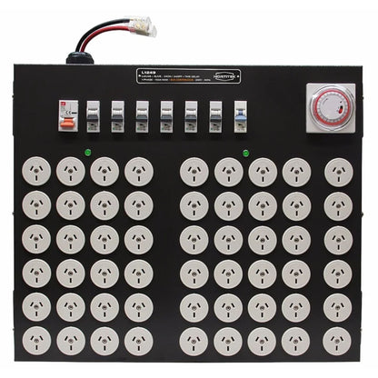 Front view of the Hortitek LMU 48 + 6 LIVE, 100A, 1-Phase grow room light management unit, displaying 48 Australian/New Zealand standard three-pin outlets, a built-in mechanical timer, and multiple high-amperage circuit breakers for comprehensive automated lighting control in large New Zealand grow operations