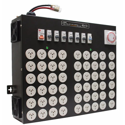 Three-quarter view of the Hortitek LMU 48 + 6 LIVE, 100A, 1-Phase industrial power distributor with Time Delay, featuring heavy-duty input terminals, dual cooling fans, and 48 individual Australian/New Zealand standard electrical outlets for large-scale, professional horticultural facilities
