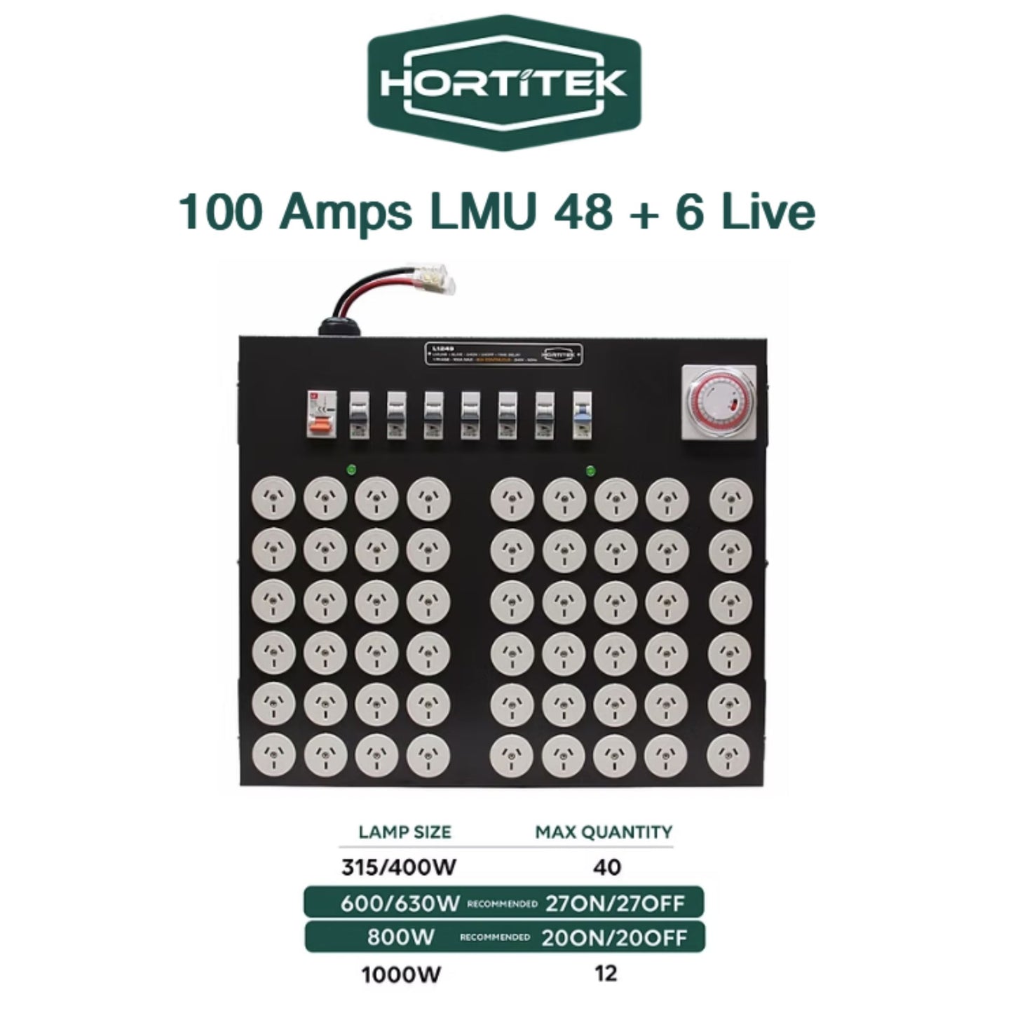 Front view of the Hortitek LMU 48 + 6 LIVE, 100A, 1-Phase light management unit, displaying a table of recommended maximum quantities for 315W, 400W, 600W, 630W, 800W, and 1000W grow lights, with 24 ON/24 OFF or 48 ON configurations for commercial New Zealand grow operations
