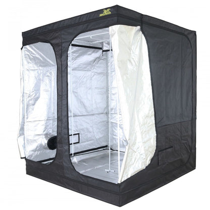 Empty Jungle Room Grow Tent 240cm x 240cm x 230cm with its front door unzipped, showcasing the highly reflective interior and robust framework, ready for setup in a New Zealand indoor growing space