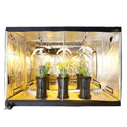 Jungle Room Grow Tent 295cm x 295cm x 230cm, showcasing its height and reflective interior, filled with healthy potted plants under installed grow lights, designed for high-yielding cultivation in New Zealand