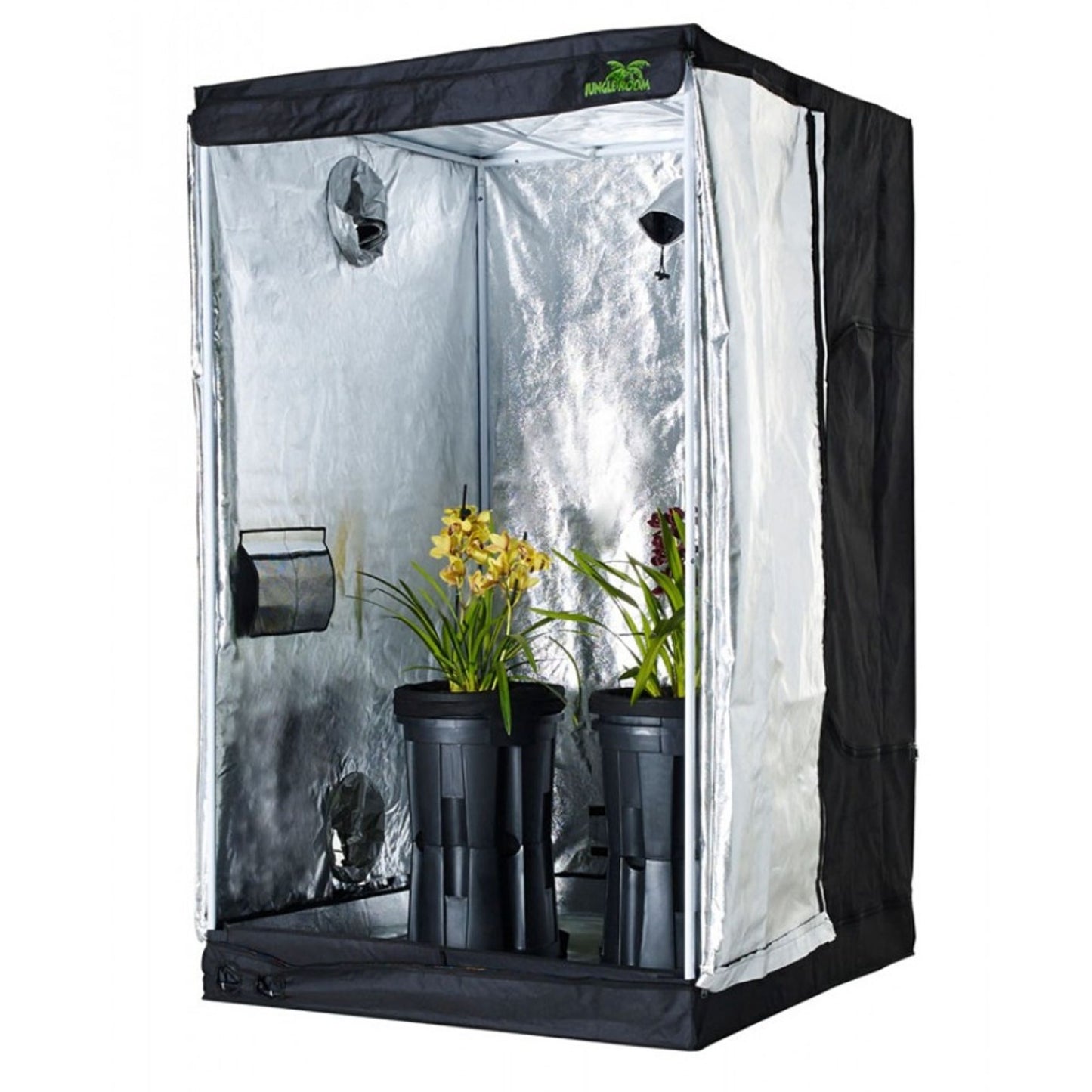 Jungle Room Grow Tent 90cm x 90cm x 160cm, a compact tent with a reflective interior and vents, housing two potted plants under indoor grow lights, suitable for hobby growers in New Zealand
