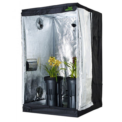 Jungle Room Grow Tent 90cm x 90cm x 160cm, a compact tent with a reflective interior and vents, housing two potted plants under indoor grow lights, suitable for hobby growers in New Zealand