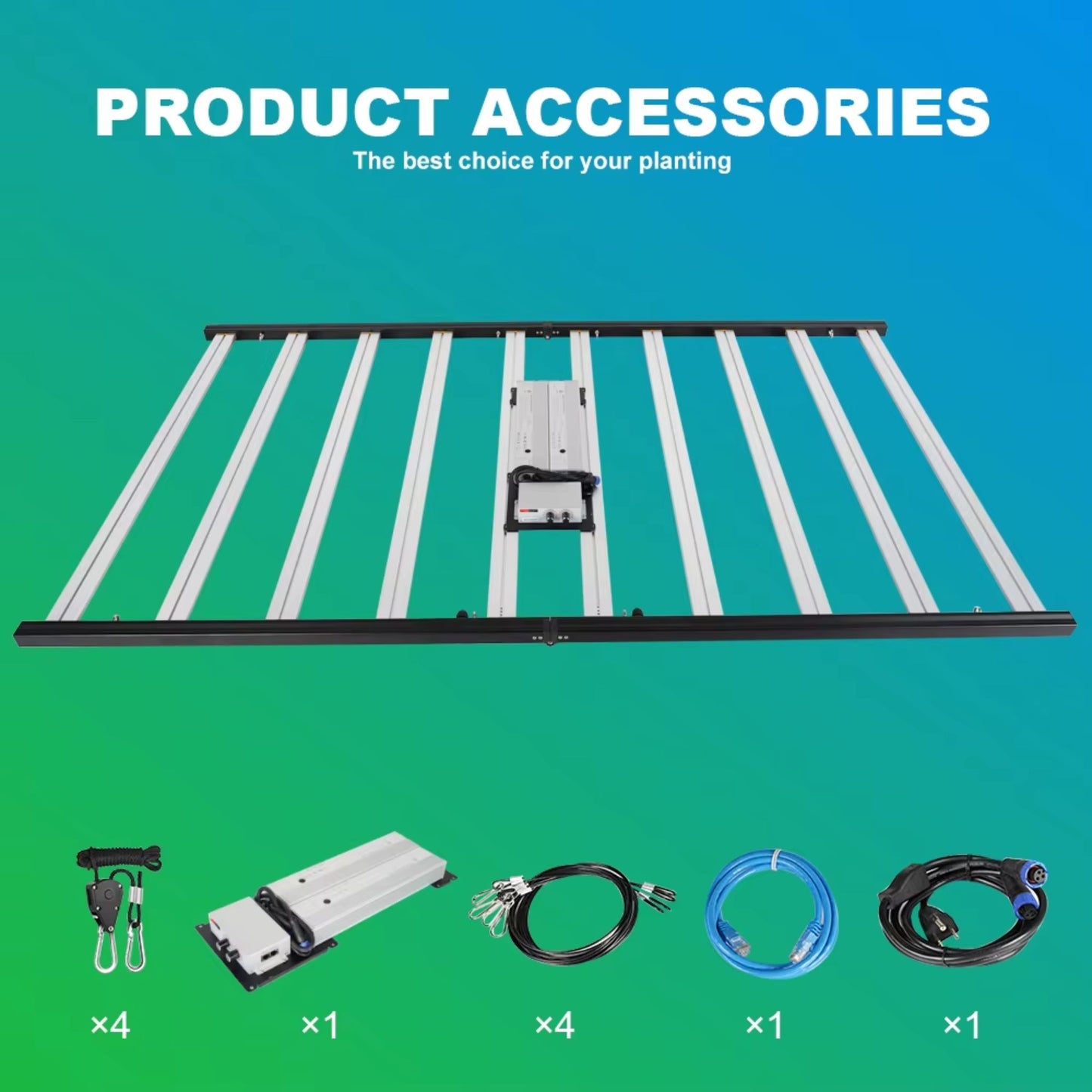 MEIJIU-1988-F10-GL1000W LED Grow Light laid out with its product accessories, including 4 adjustable rope hangers, 1 driver, 4 power cables, 1 blue control cable, and 1 power cord, ensuring easy installation and setup for growers in New Zealand