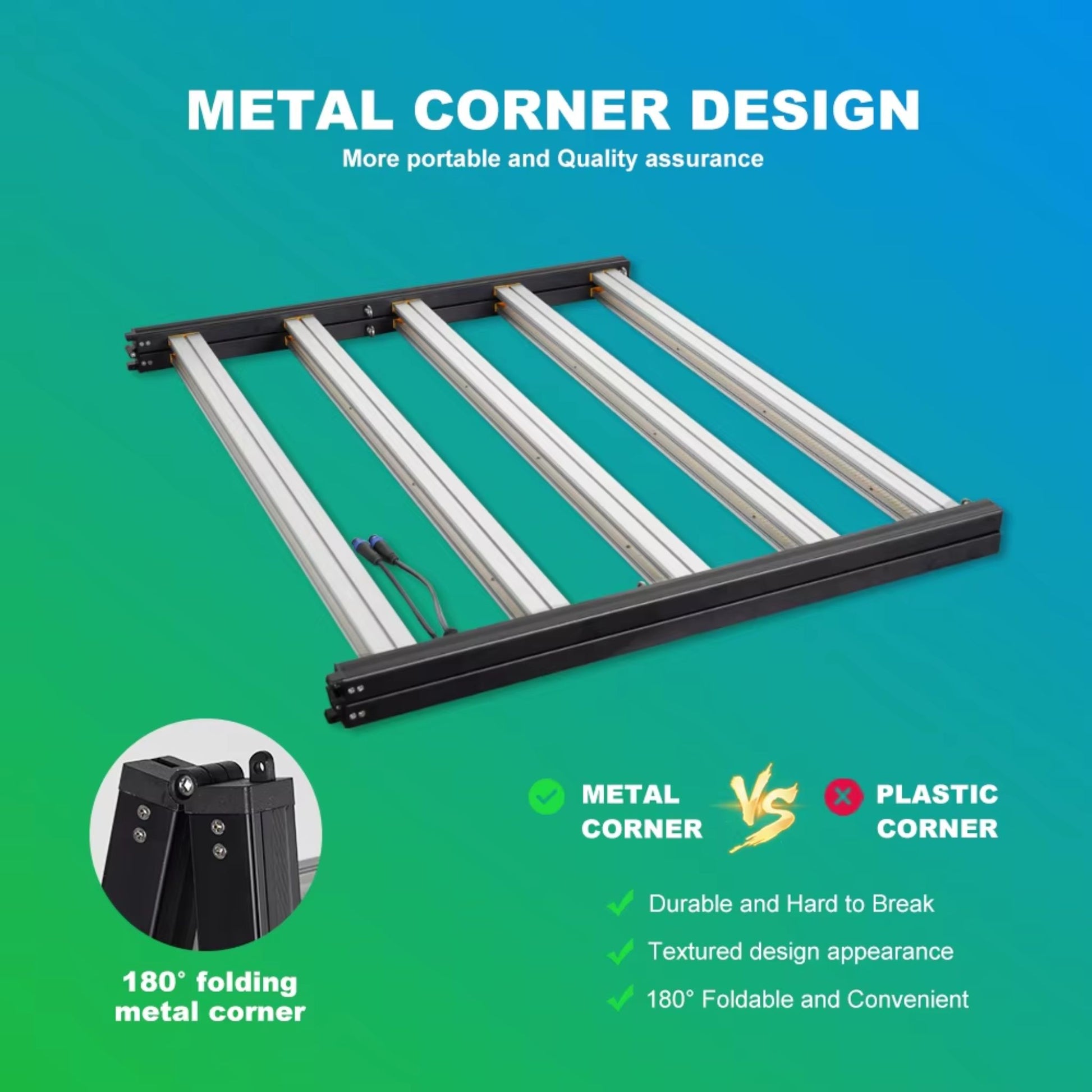 Graphic showcasing the durable metal corner design of the MEIJIU-1988-F10-GL1000W LED Grow Light, highlighting its 180° foldable frame for enhanced portability, convenient storage, and quality assurance for growers in New Zealand compared to plastic alternatives