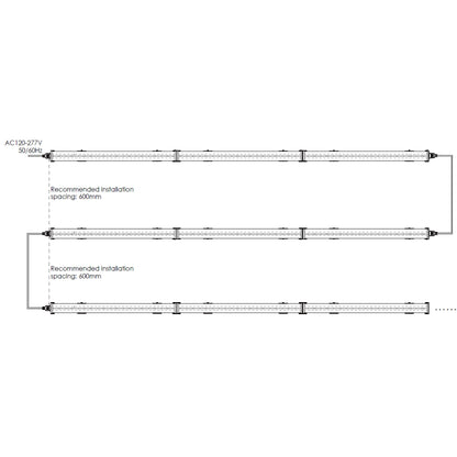 Linkable wiring diagram for the RYGH TECH 120W LED Under Canopy Grow Lights, illustrating how up to 14 fixtures can be daisy-chained together in a single run (AC120-277V, 50/60Hz) with recommended 600mm spacing, simplifying electrical setup for large-scale New Zealand grow rooms.