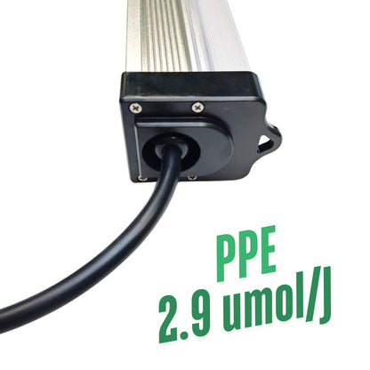 Close-up of the RYGH TECH 120W LED Under Canopy Grow Light's end cap with power input, prominently displaying its high Photosynthetic Photon Efficacy (PPE) of 2.9 µmol/J for efficient plant growth in New Zealand